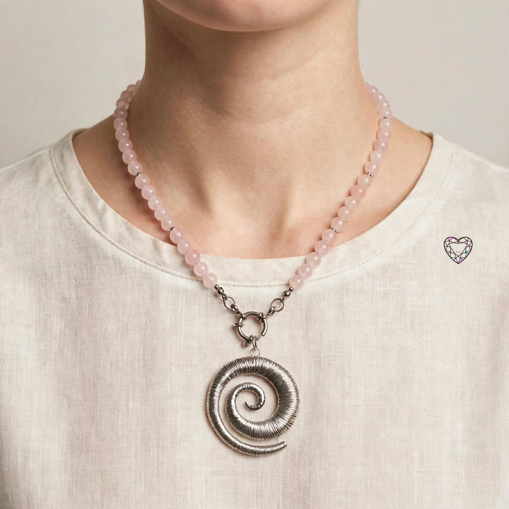 Collana Quarzo Rosa con ciondolo Spirale - Simbolo della vita. Silver