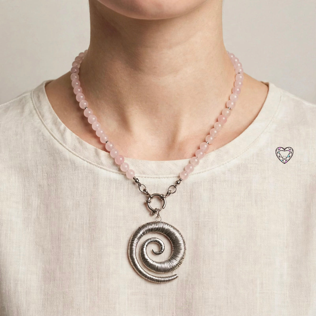 Collana Quarzo Rosa con ciondolo Spirale - Simbolo della vita. Silver