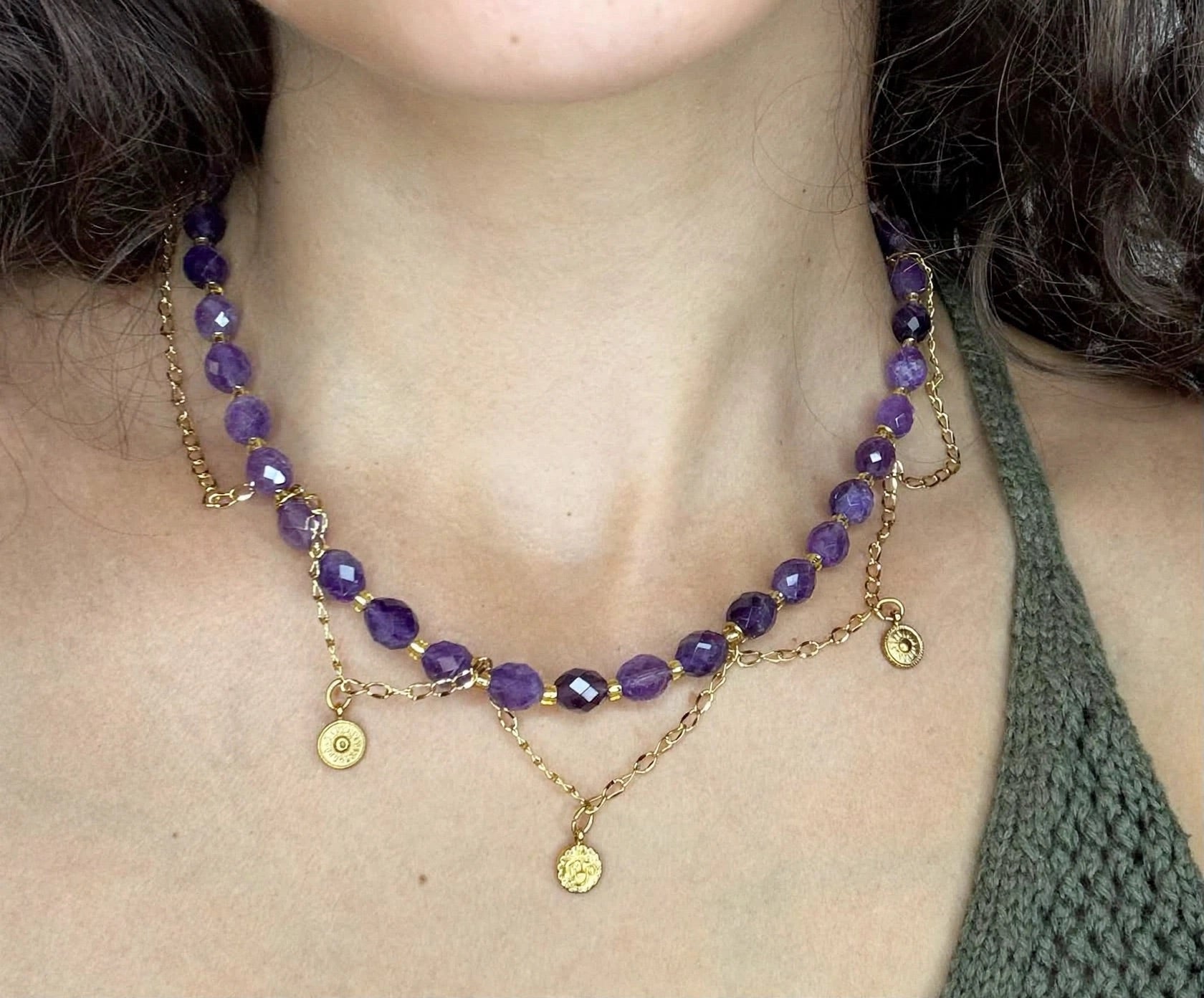 Collana Iris - Ametista naturale e secondo filo in acciaio inox